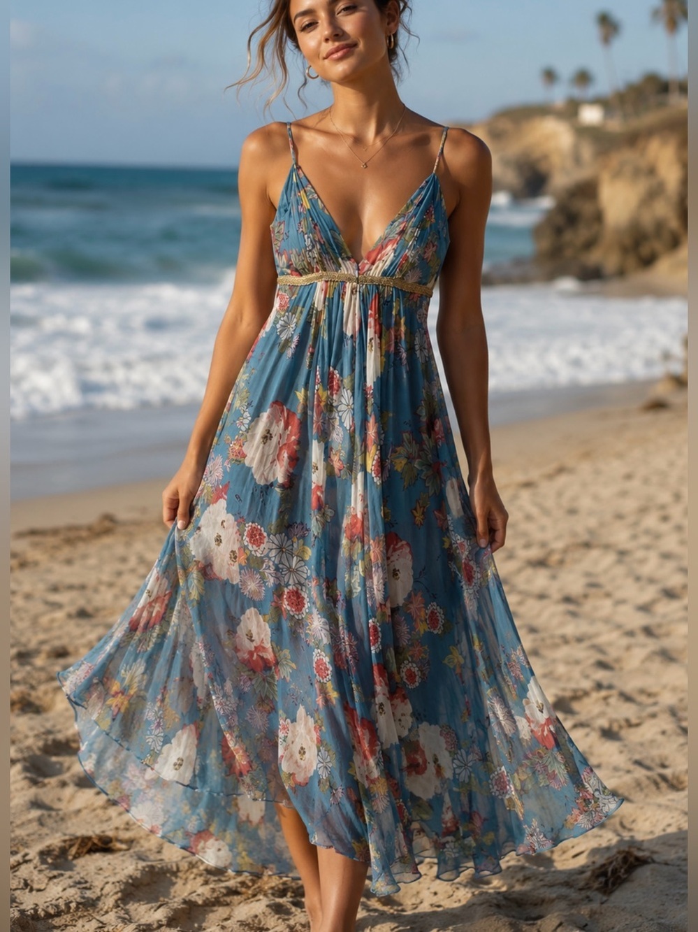 VTG Kay Unger Silk Dress Sz 10 Floral Plunge Maxi Asymmetrical Gown Boho Fairy